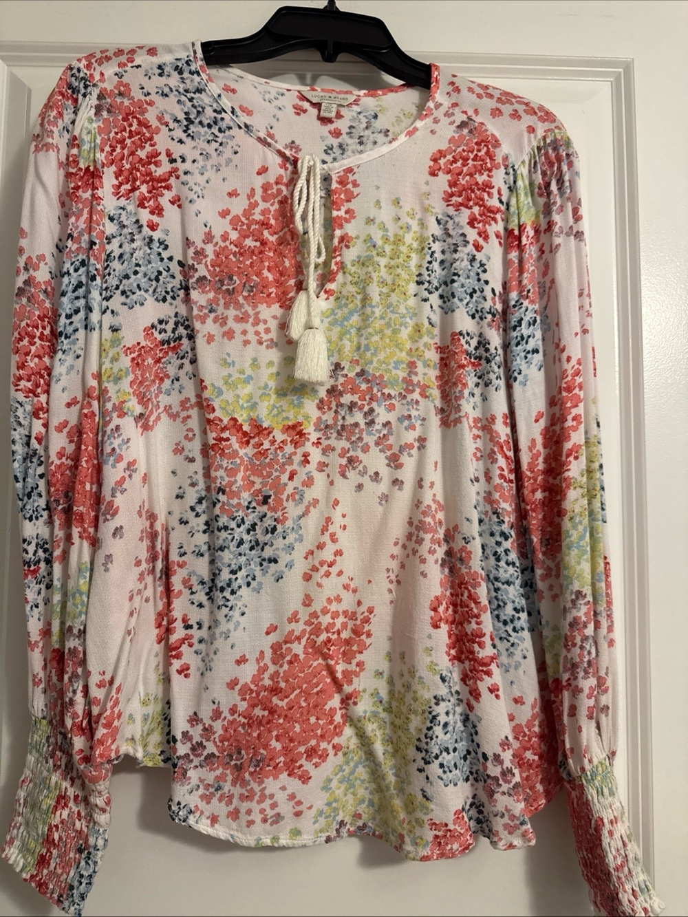 Lucky Brand White Floral Tie-Neck Long Sleeve Blouse